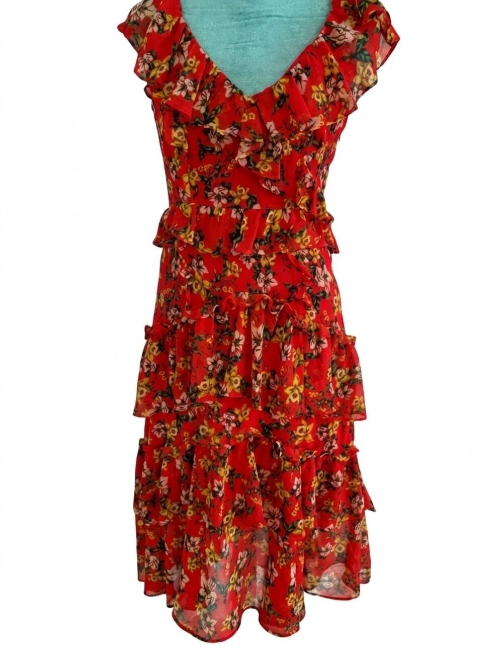 Marissa Webb Collective Magnolia Red Floral Ruffle Tiered Midi Dress Size 6